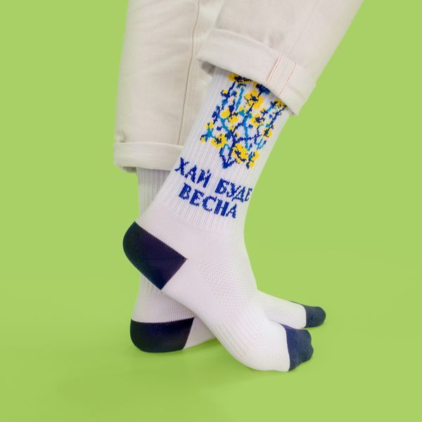 Шкарпетки "Хай буде весна" - білі з жовто-синіми квітами C-2-6 фото